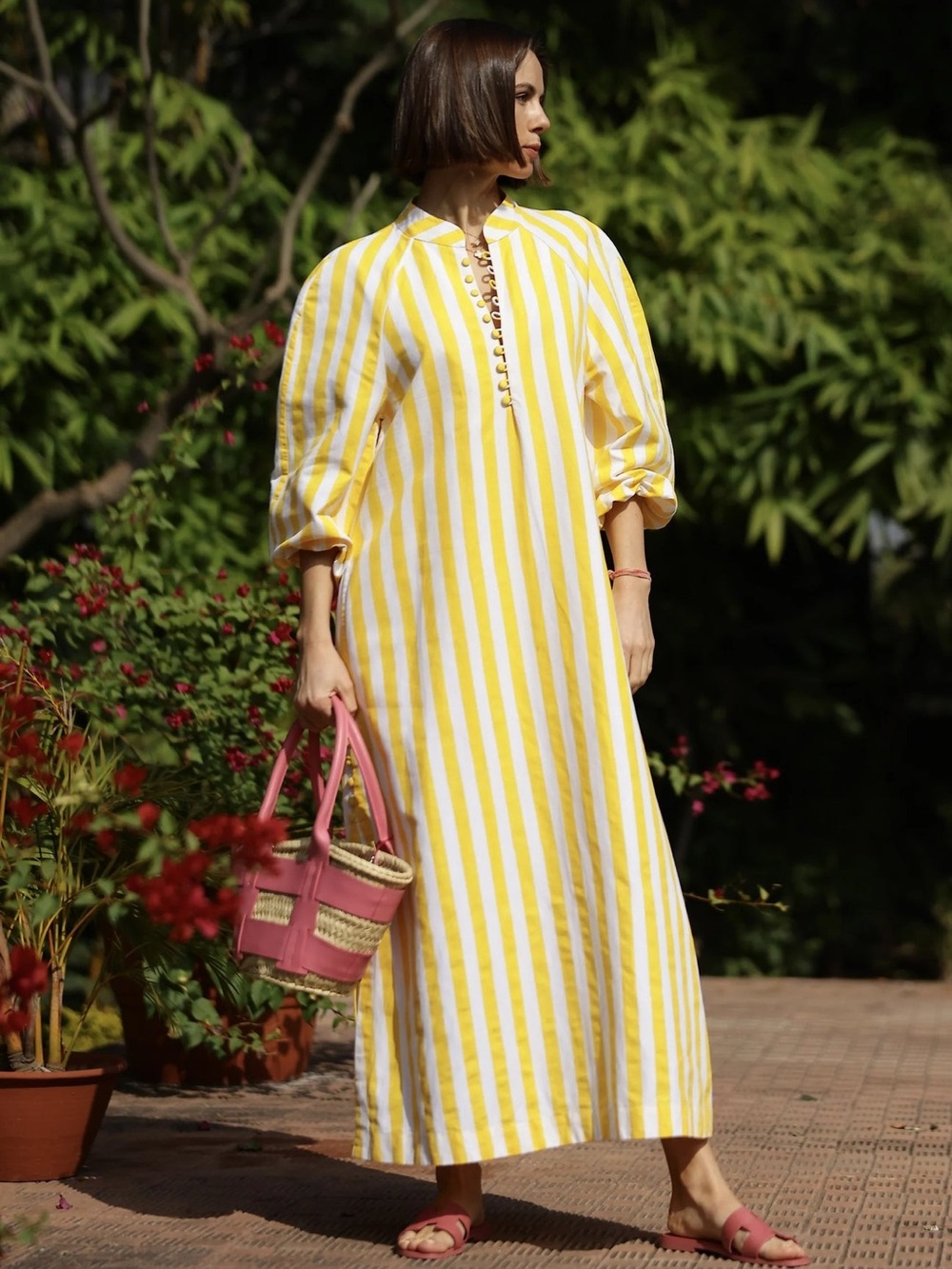 Maison Marigold Positano Kaftan Yellow & White Striped Long Sleeve Maxi Dress S